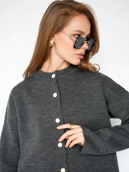 Asher Cardigan by Lauven, warm graphite knitwear featuring button closure style, perfect for modern office wear.