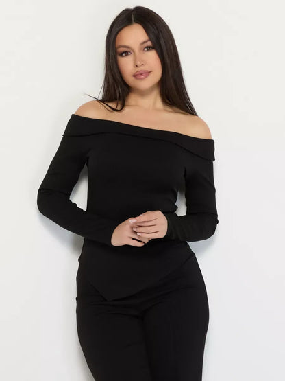 Onyx Two-Piece Set by Lauven, off-shoulder ribbed women's suit in black, exuding elegance and comfort.