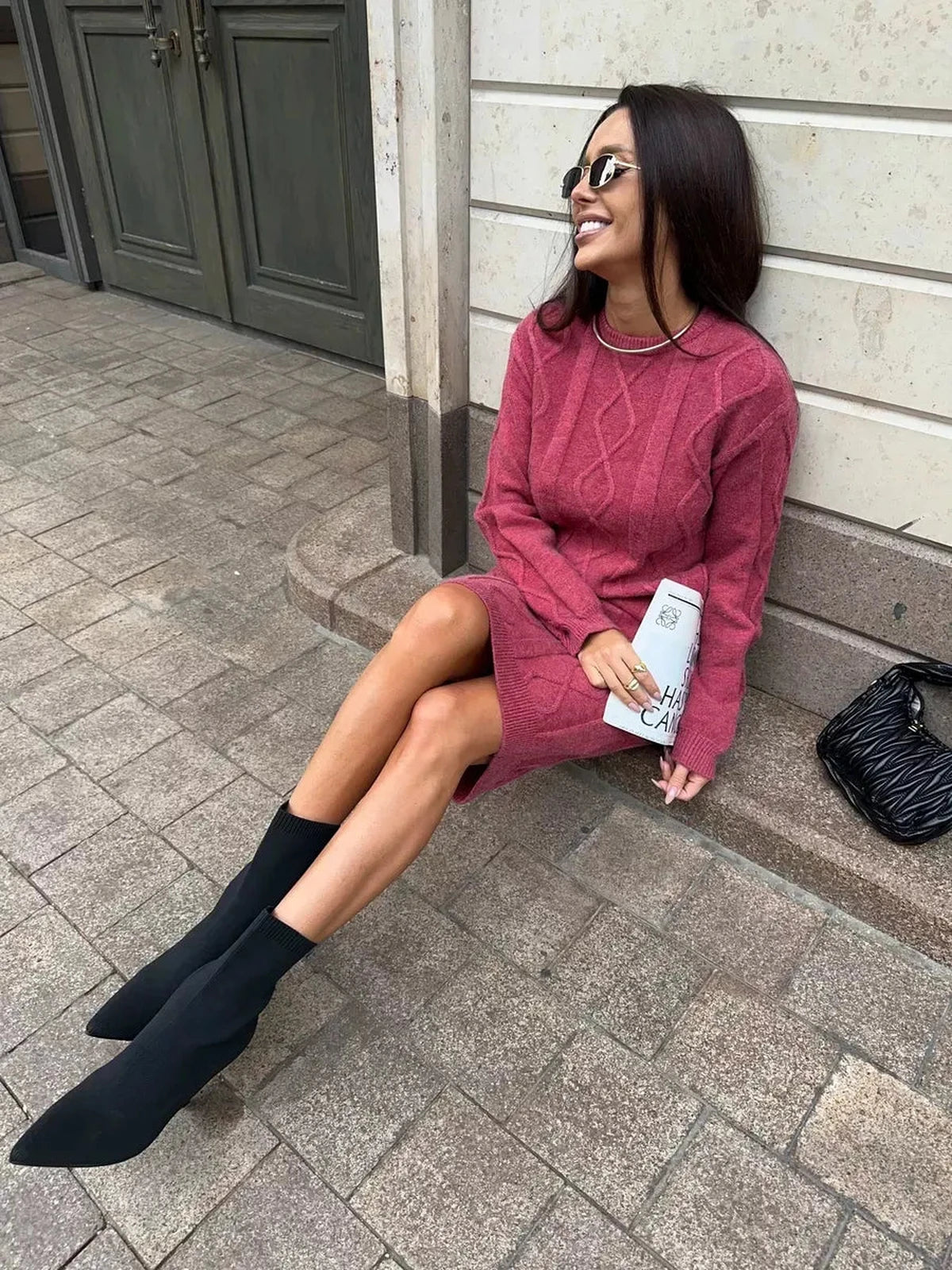 Berry Midi Dress by Lauven showcased in rich berry, styled with black ankle boots and chic accessories.