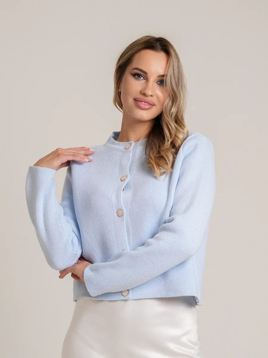 Celeste Cardigan by Lauven in light blue with decorative buttons and a loose fit, perfect for autumn layering.