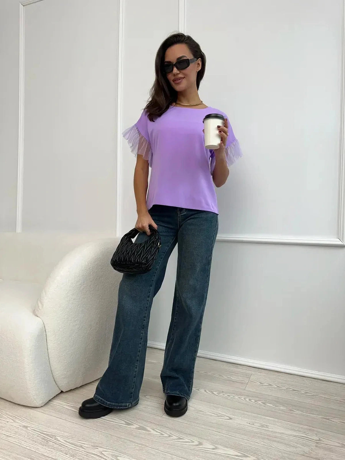 Lavande Blouse by Lauven - Lilac blouse with sheer ruffle detail, styled with flared jeans and accessories.