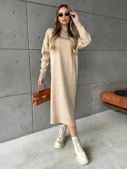 Seren Midi Dress by Lauven, showcasing minimalist knit design in classic beige with high-neck and relaxed silhouette.