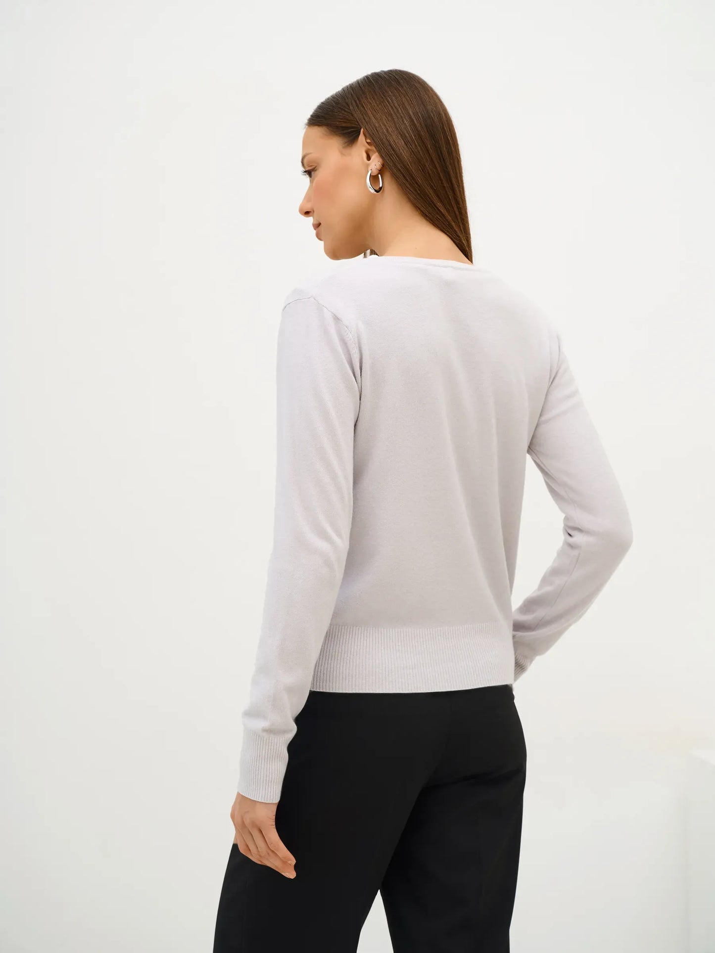 Luna Cardigan by Lauven, elegant soft grey knitwear showcasing a refined back view with classic tailoring.