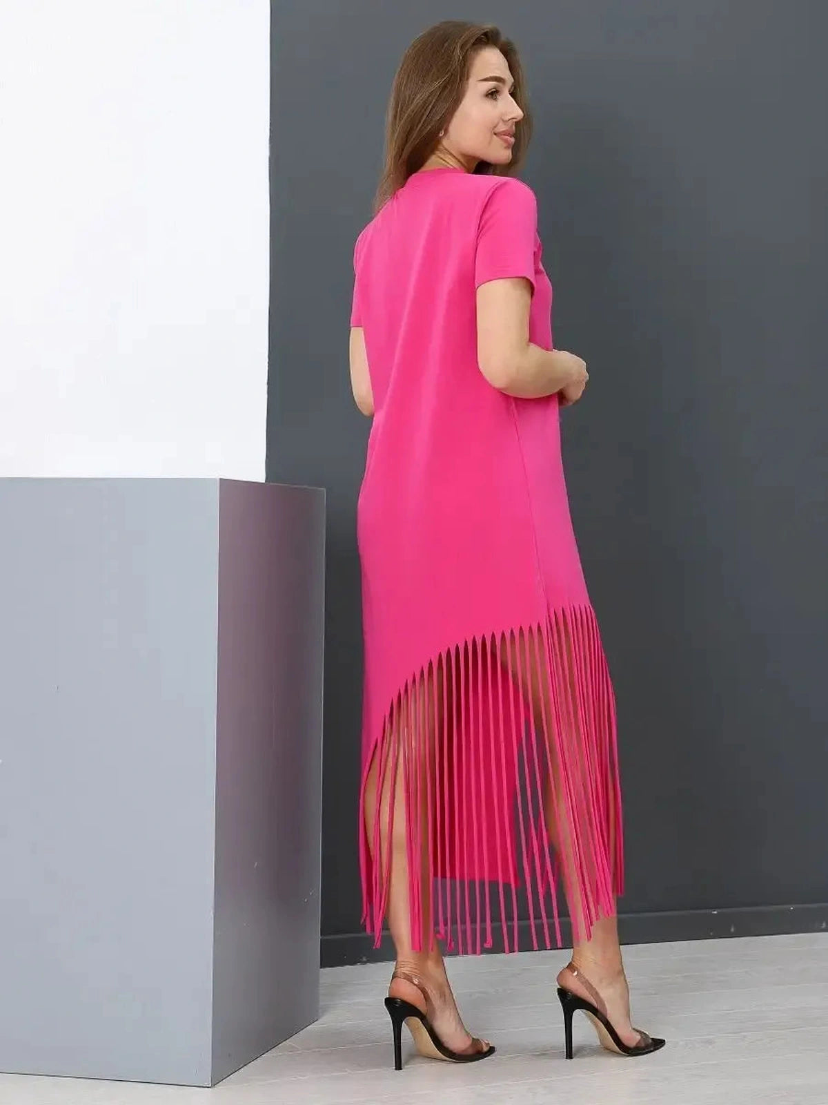Capri Midi Dress by Lauven - Fuchsia Cotton Jersey Dress with Fringe Hem and Short Sleeves