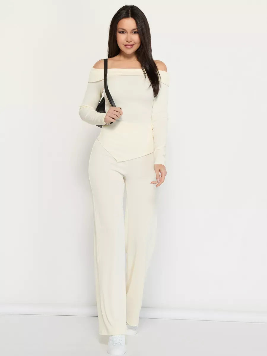 Ivory Two-Piece Set by Lauven, showcasing an off-shoulder ribbed women's suit in a flattering slim fit.