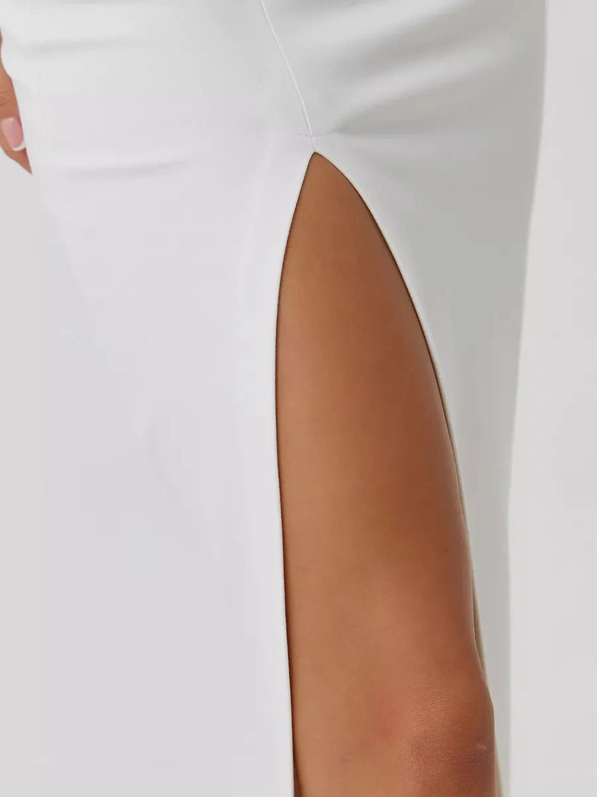 Lunaria Maxi Dress by Lauven featuring a front slit detail showcasing minimalist elegance and sculpted fit.