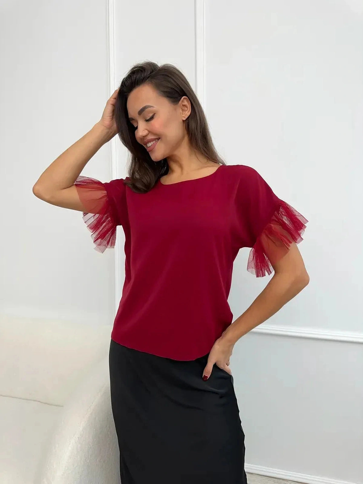 Velora Blouse by Lauven, burgundy short sleeve blouse with sheer ruffle sleeves for elegant women's fashion.