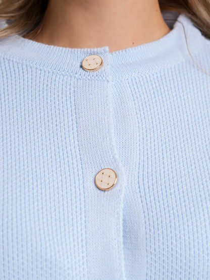 Celeste Cardigan by Lauven, light blue knit with decorative buttons for a stylish fall look.