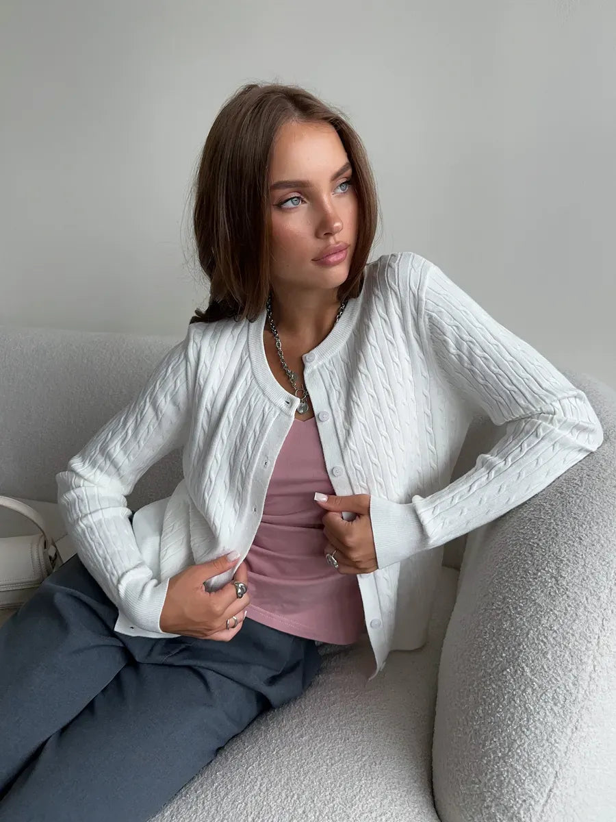 Ivory Cardigan by Lauven, featuring a lightweight cable knit design, perfect for stylish layering.