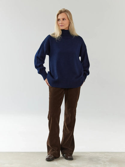 Celeste Sweater by Lauven, oversized women's wool knit in dark navy, featuring a stylish turtleneck and relaxed fit.