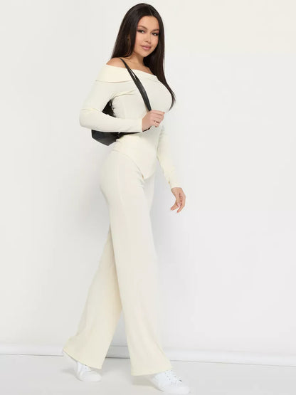 Ivory Two-Piece Set by Lauven, showcasing an off-shoulder ribbed women's suit for a stylish, elegant look.