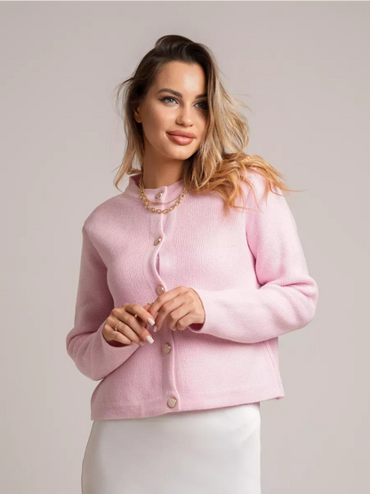 Blush Cardigan by Lauven, pink short loose fit knit with decorative buttons, perfect for autumn elegance.