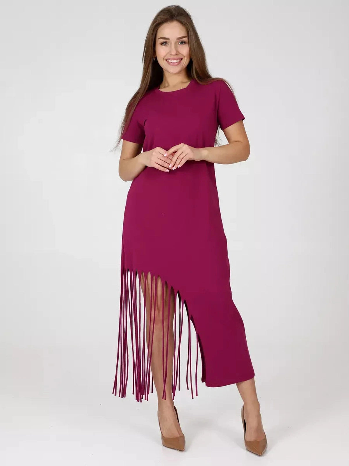 Riviera Midi Dress by Lauven in pink with asymmetrical fringe hem and relaxed fit.