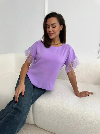 Lavande Blouse by Lauven, lilac short sleeve blouse with sheer ruffle detail, showcasing effortless sophistication.