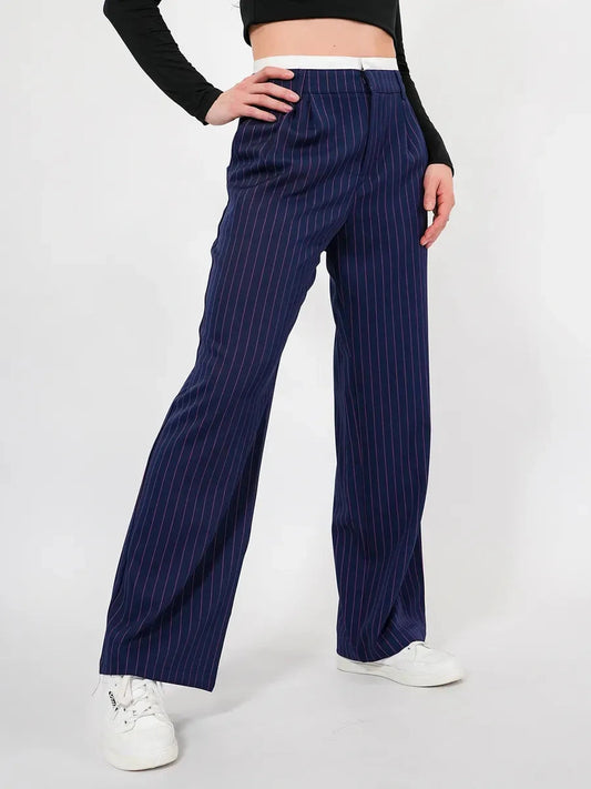 Aster Pants by Lauven, refined high-waist wide-leg trousers featuring navy base with elegant pinstripes.