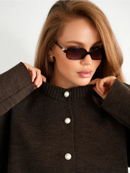 Cocoa Cardigan by Lauven, warm brown knitwear with button closure, stylish and versatile for school and office wear.