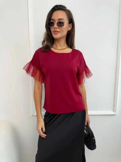 Velora Blouse by Lauven - Burgundy short sleeve blouse with sheer ruffle sleeves, ideal for stylish outfits.