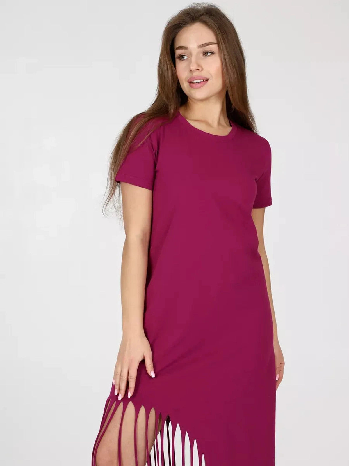 Riviera Midi Dress by Lauven in vibrant fuchsia, featuring fringe hem and relaxed fit for casual elegance.