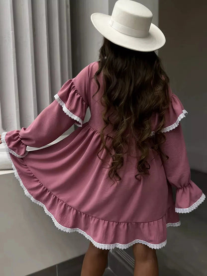 Rosea Mini Dress by Lauven featuring elegant ruffles and lace detail, perfect for modern feminine style.