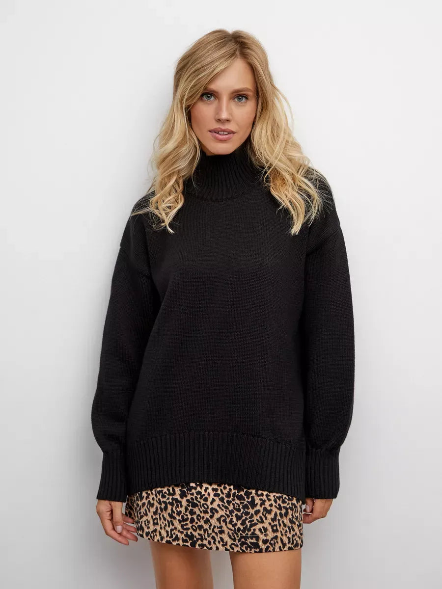 Nyra Sweater by Lauven — Oversized women’s wool knit with high turtleneck in black for stylish winter wear.
