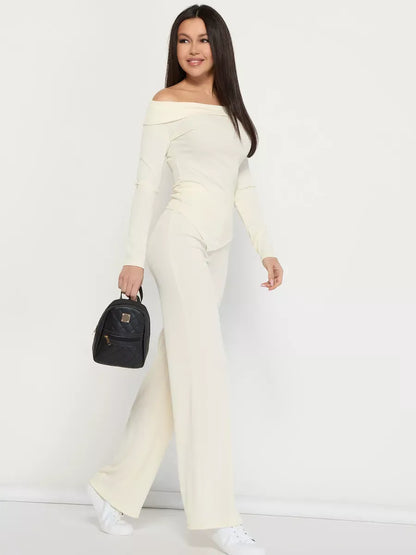 Ivory Two-Piece Set by Lauven, featuring an off-shoulder neckline and ribbed fabric for stylish women's wear.