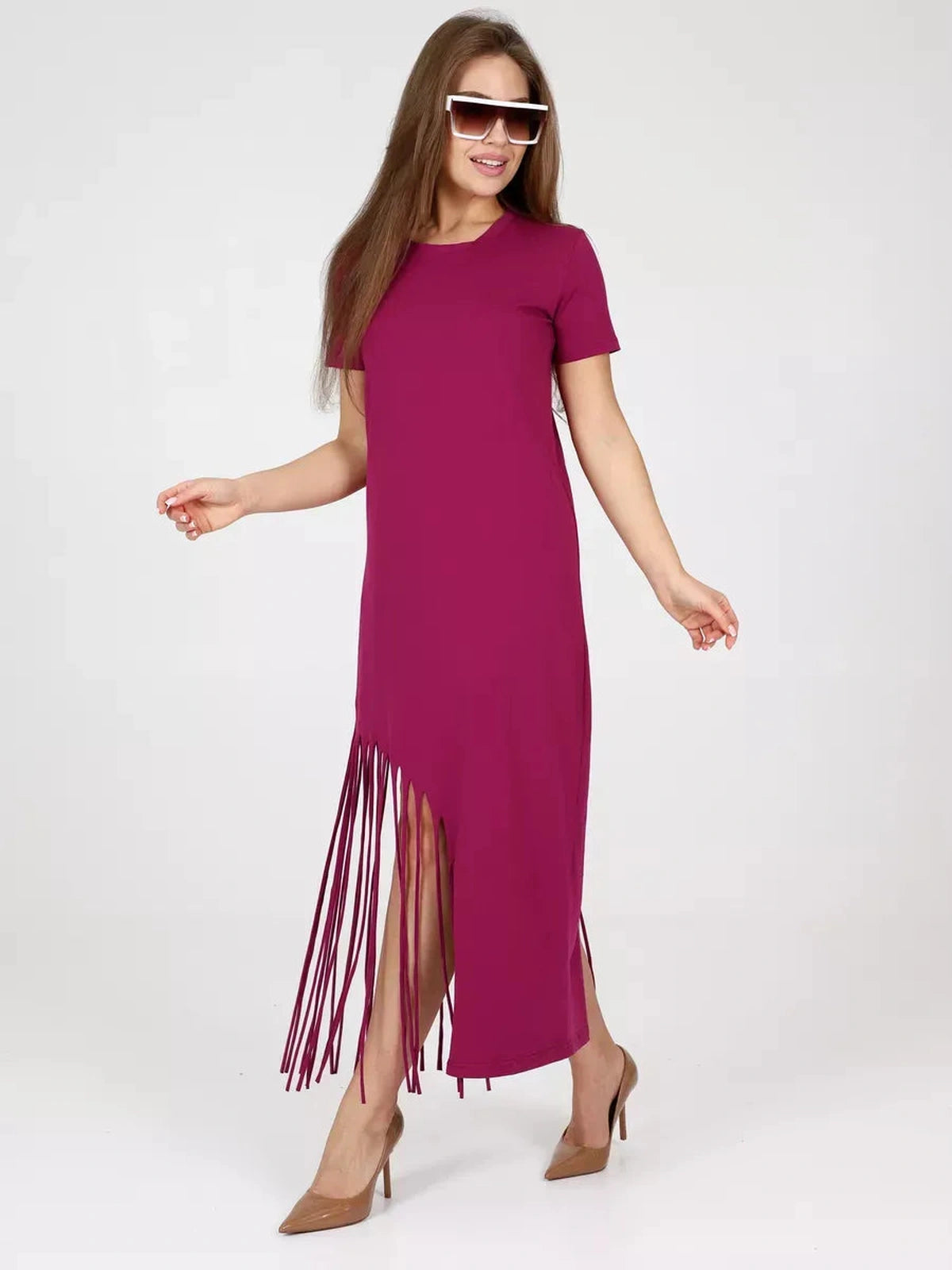 Riviera Midi Dress by Lauven in fuchsia, featuring fringe hem and relaxed fit for stylish comfort.