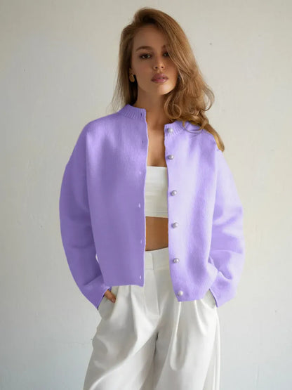 Lavina Cardigan by Lauven in cropped lilac knit with pearl button closure, perfect for spring and summer styling.