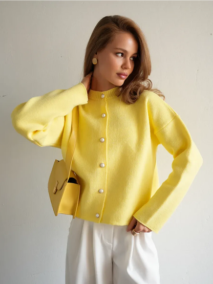 Lemonade Cardigan by Lauven, warm yellow knitwear with button closure, perfect for school and office wear.
