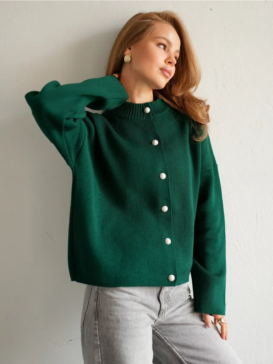 Verdant Cardigan by Lauven in rich emerald green, featuring a button closure and cozy fit, perfect for school and office wear.