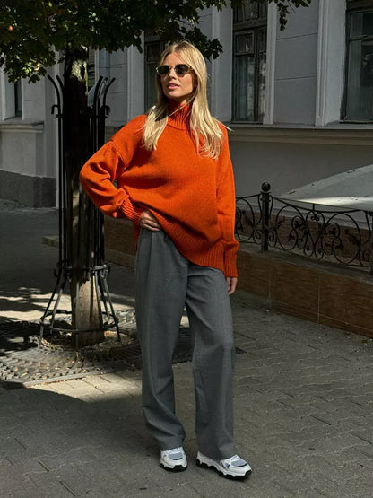 Ember Sweater by Lauven, oversized wool knit turtleneck in terracotta, casual fall outfit.
