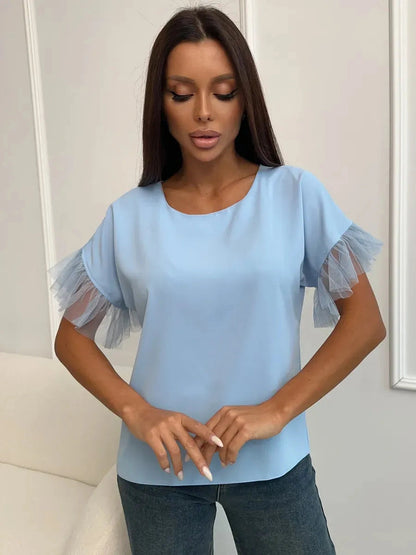 Celeste Blouse by Lauven - Light blue silky short sleeve top with tulle details for an elegant look.