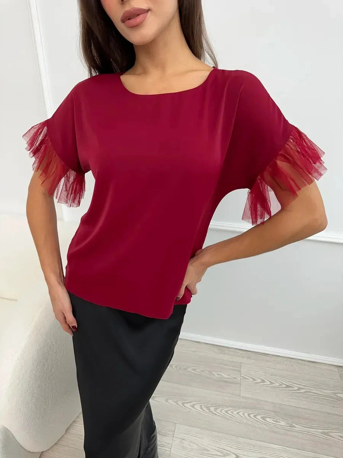 Velora Blouse by Lauven in burgundy with sheer ruffle sleeves, showcasing luxurious silk-effect polyester fabric.