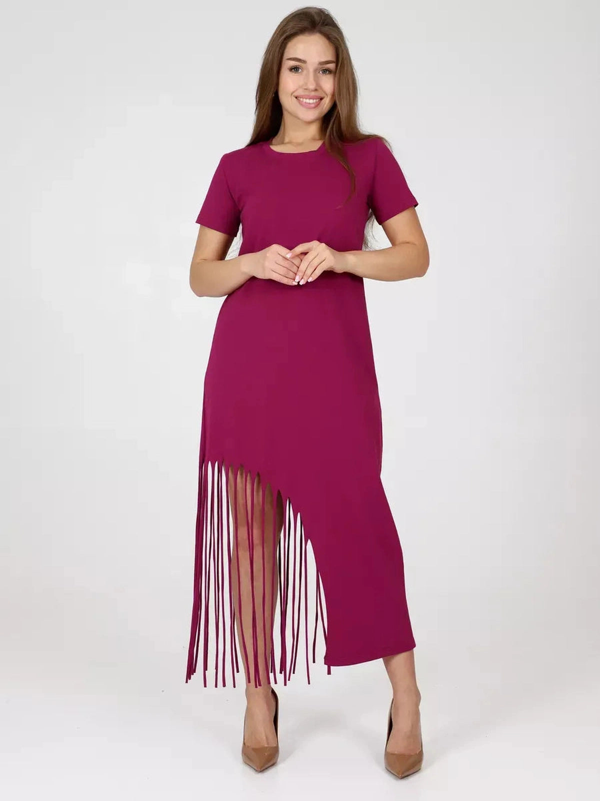 Riviera Midi Dress by Lauven, featuring a relaxed fit and playful asymmetrical fringe hem in a vibrant magenta.