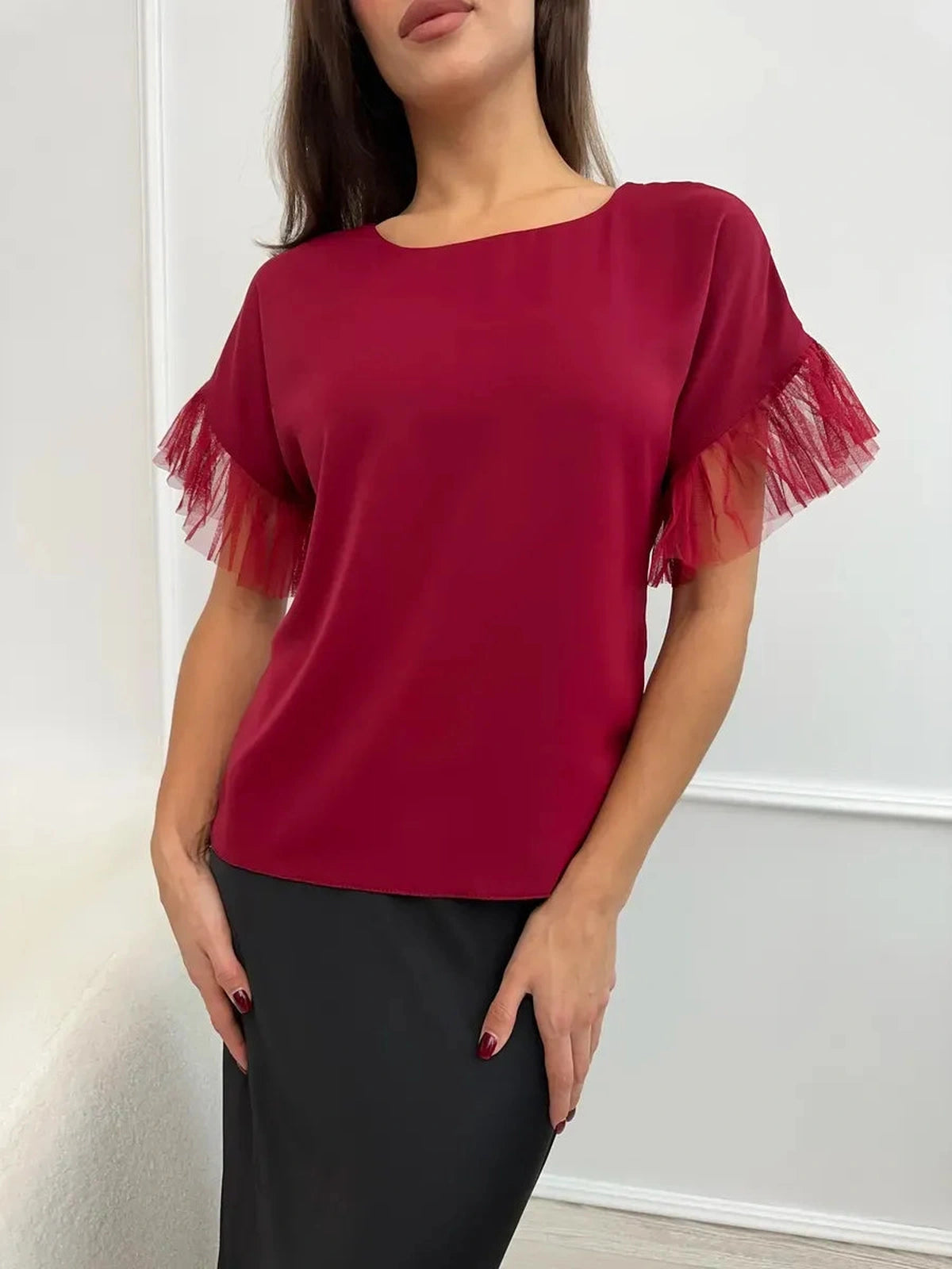 Velora Blouse by Lauven, burgundy short sleeve blouse with sheer ruffle sleeves, perfect for sophisticated women's fashion.