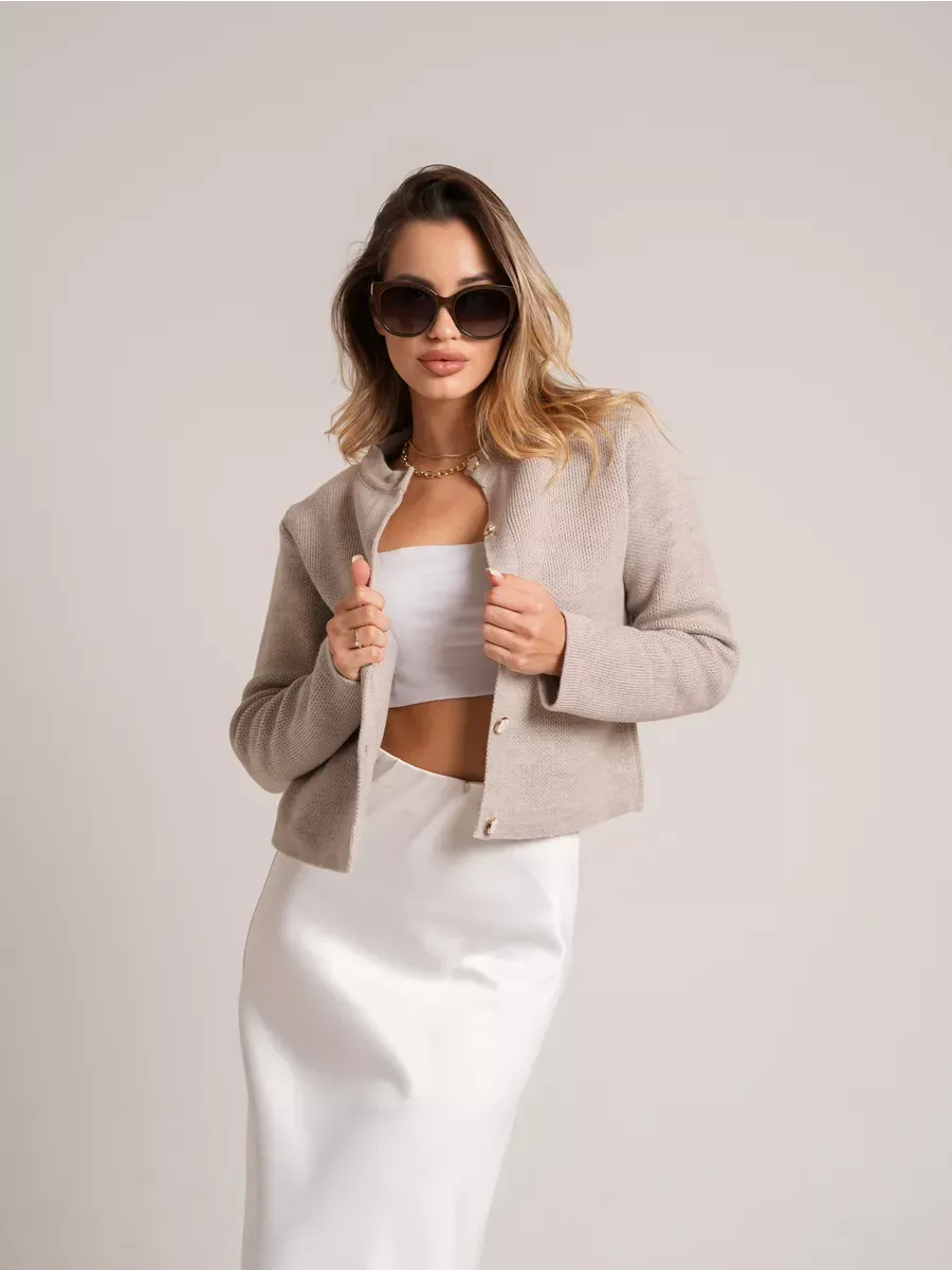 Alba Cardigan by Lauven, beige short loose fit knit with decorative buttons, perfect for autumn wardrobe.