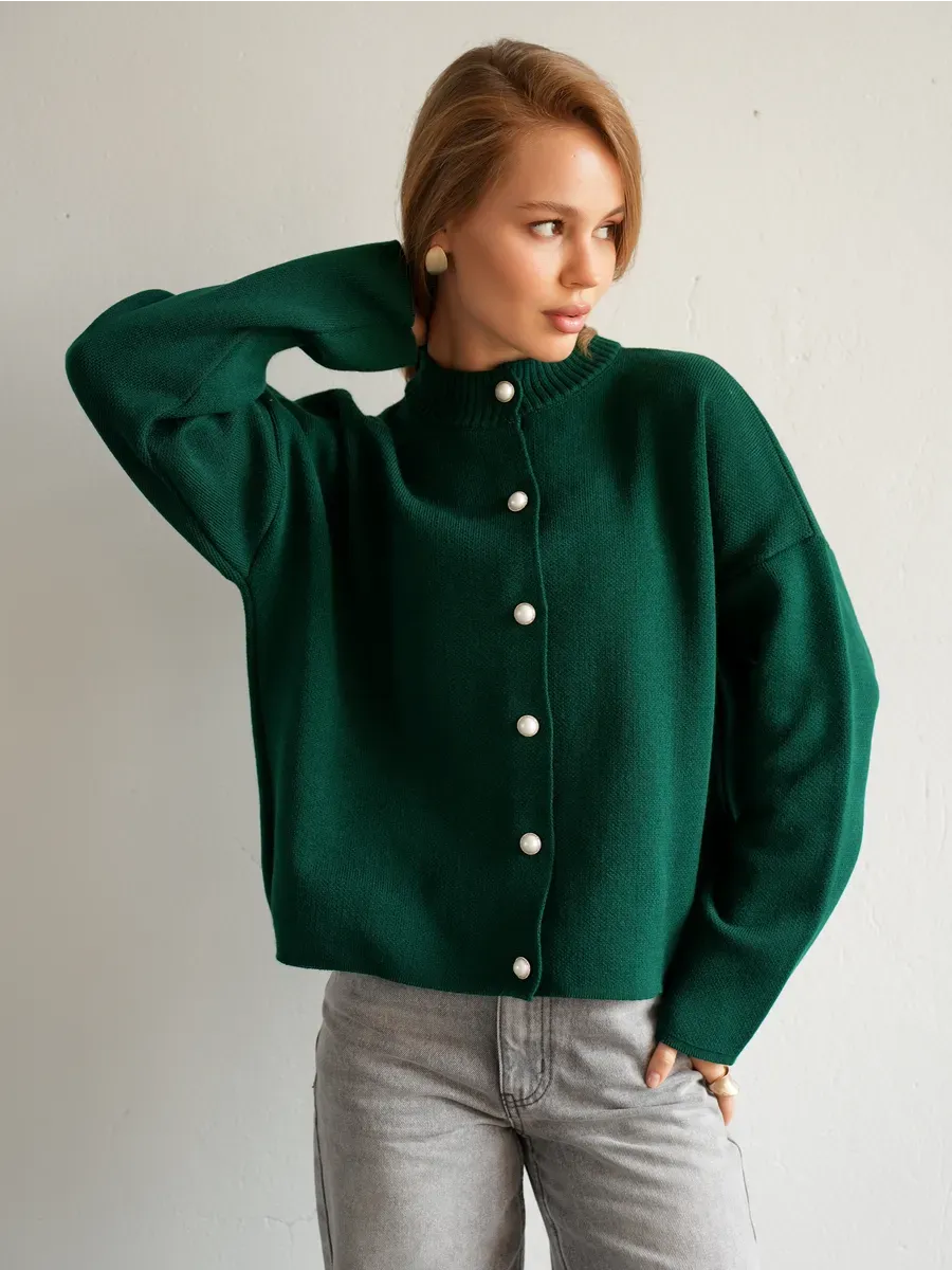 Verdant Cardigan by Lauven - Cozy emerald knitwear with button closure and chic cropped silhouette.
