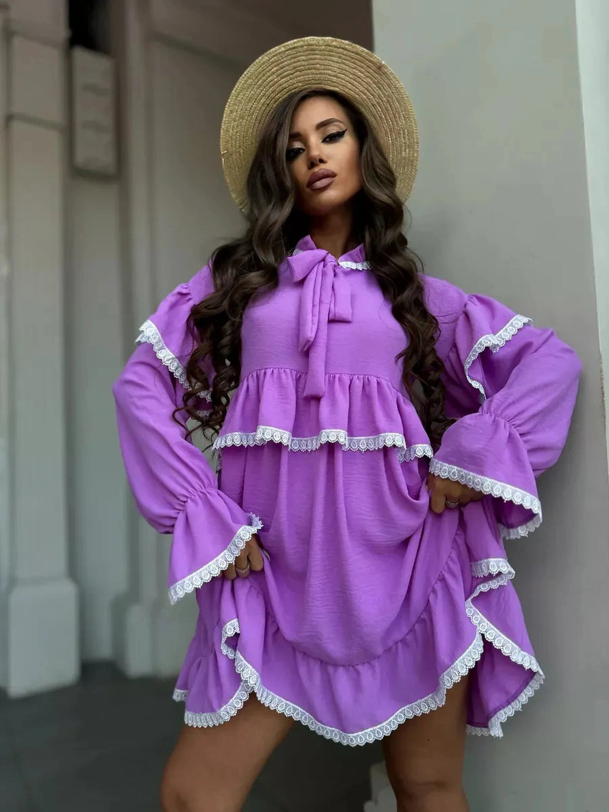 Violetta Mini Dress by Lauven featuring delicate lace and ruffles in a gorgeous lilac shade.