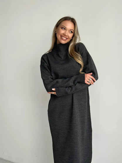 Asteria Midi Dress by Lauven, showcasing cozy knit elegance with a high ribbed collar and relaxed silhouette.