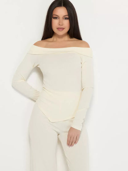Ivory Two-Piece Set by Lauven featuring an off-shoulder ribbed top for women, elegant and stylish attire.