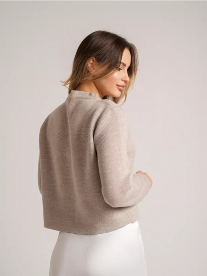 Alba Cardigan by Lauven, beige loose fit knit cardigan with decorative buttons, perfect for autumn styling.