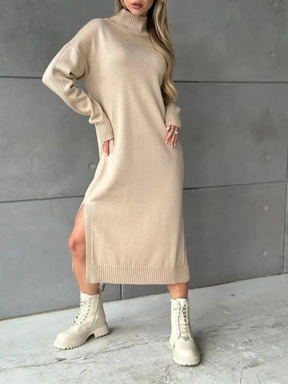 Seren Midi Dress by Lauven showcases a minimalist knit design in classic beige with a high-neck collar and relaxed silhouette.