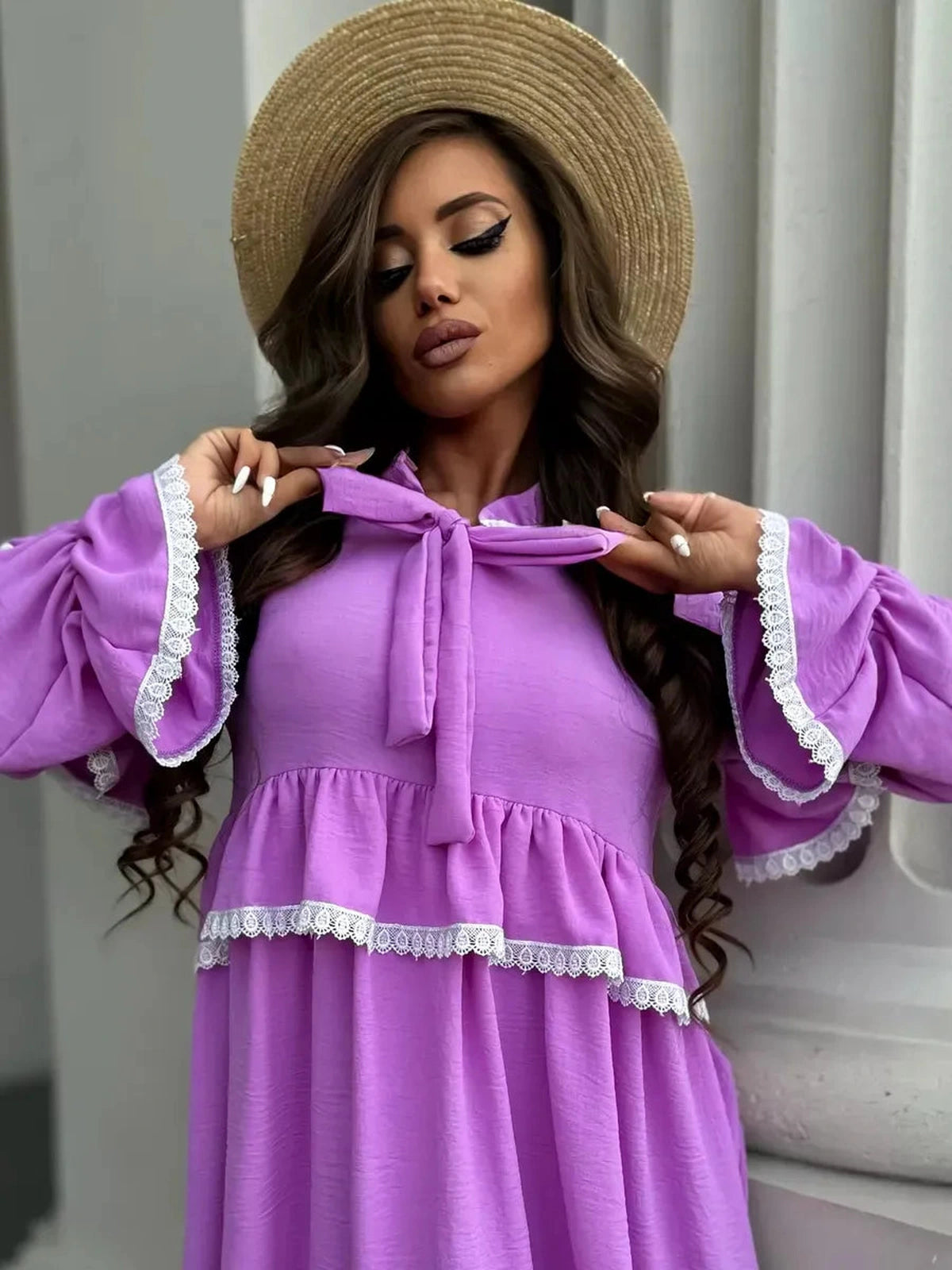 Violetta Mini Dress by Lauven featuring delicate lace and flowing ruffles in lilac color.