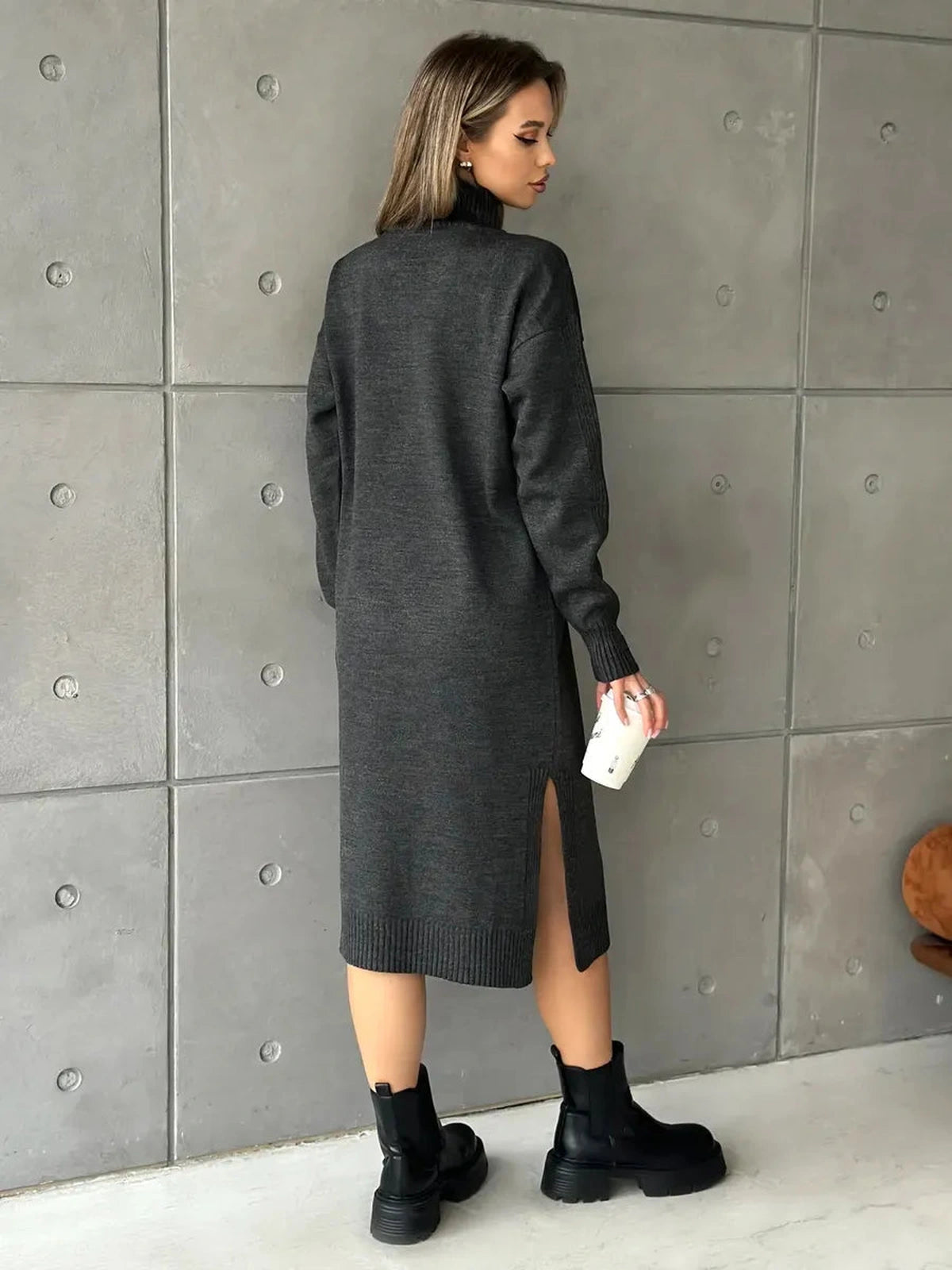 Asteria Midi Dress by Lauven, stylish back view showcasing high ribbed collar and side slit detail.