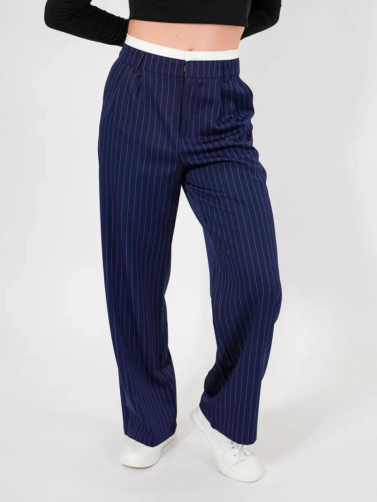 Aster Pants by Lauven, refined high-waist wide-leg navy trousers with elegant pinstripes, ideal for various occasions.
