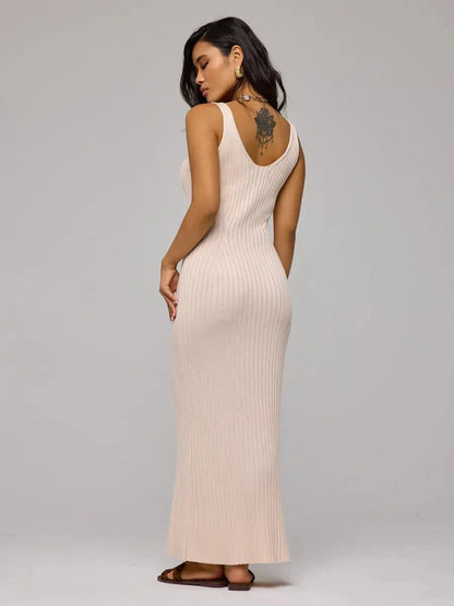 Rosette Maxi Dress by Lauven, elegant beige ribbed knit dress showcasing a slim-fit silhouette.