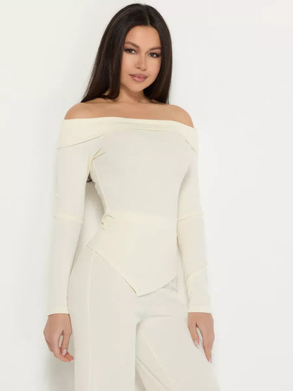 Ivory Two-Piece Set by Lauven featuring an off-shoulder ribbed bodysuit for women's stylish elegance.