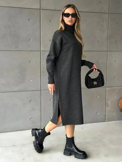 Asteria Midi Dress by Lauven, featuring a cozy knit design, high ribbed collar, and stylish side slit.