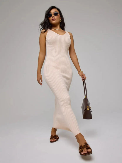 Rosette Maxi Dress by Lauven, elegant beige ribbed knit dress, perfect for spring and summer occasions.
