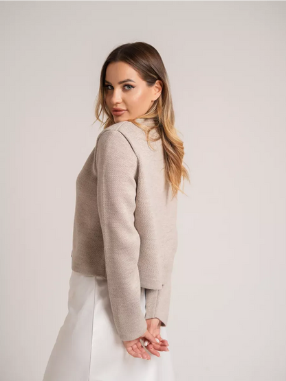 Alba Cardigan by Lauven, beige short loose fit knit with decorative buttons, perfect for autumn elegance.
