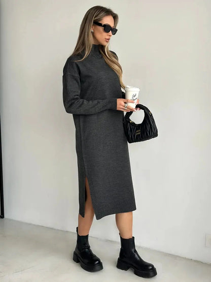 Asteria Midi Dress by Lauven, cozy knit dress with high collar, side slit, and modern chic style.